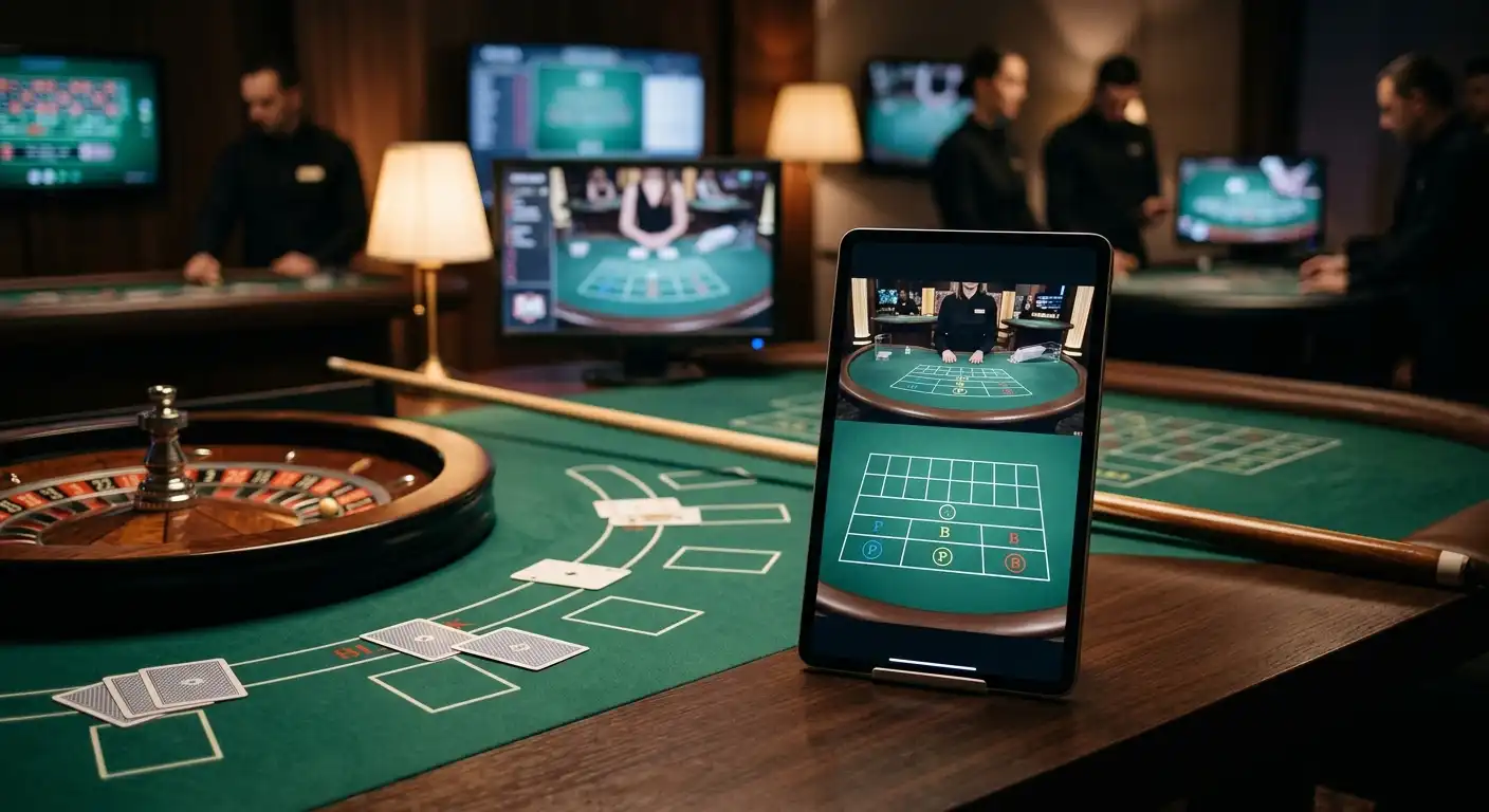 Illustration of live roulette, blackjack and baccarat tables on a mobile-friendly casino screen