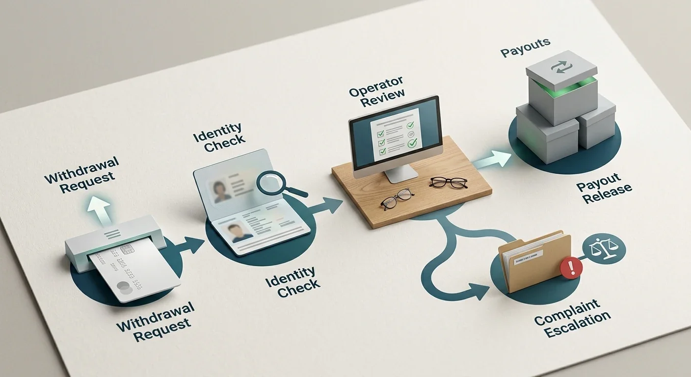 Withdrawal journey from request through verification, operator review, payout and complaint escalation