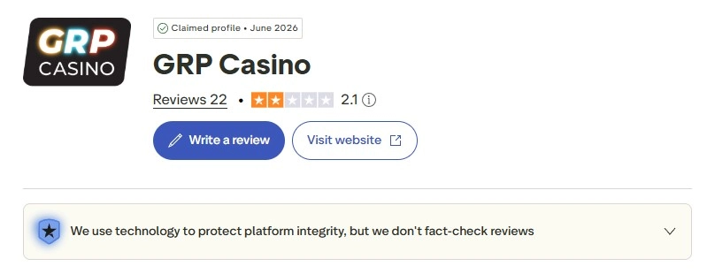 Current Trustpilot profile for grpcasino.com dated 6 September 2026