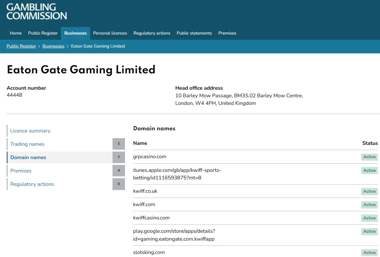 Gambling Commission domain register showing grpcasino.com as Active under account 44448