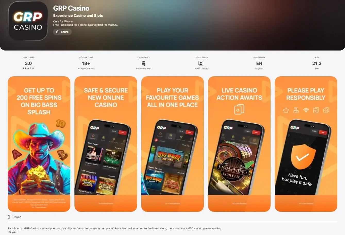 current UK App Store listing for GRP Casino showing the app and welcome offer wording